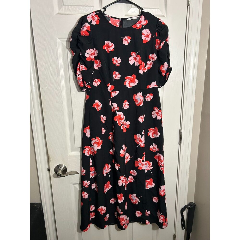 PopSugar Black Pink Floral Midi Dress Ruched Puff Short Sleeve Pockets Medium